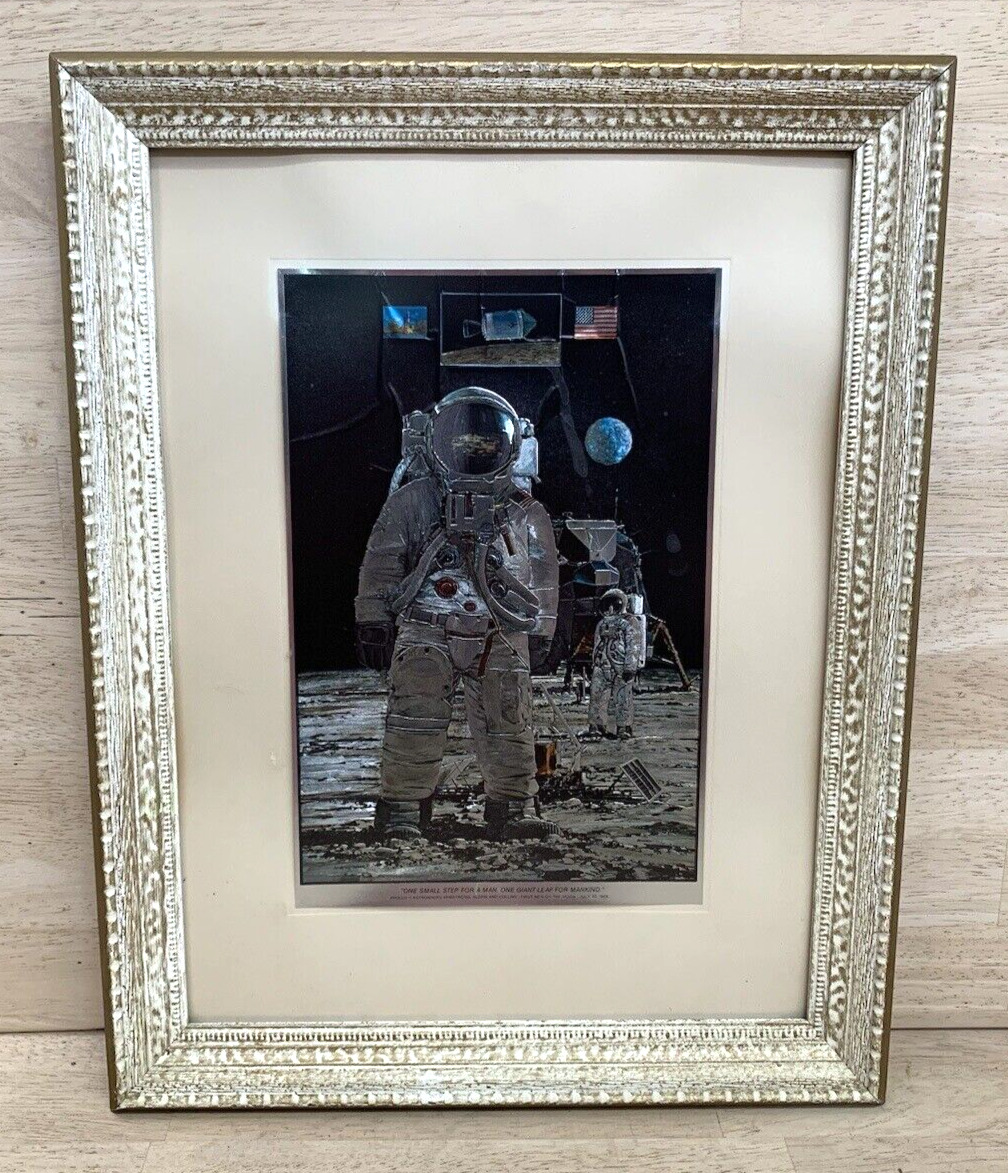 CARVED WOOD FRAME w One Giant Leap Etched Foil John Berkey Astronaut NASA MOON