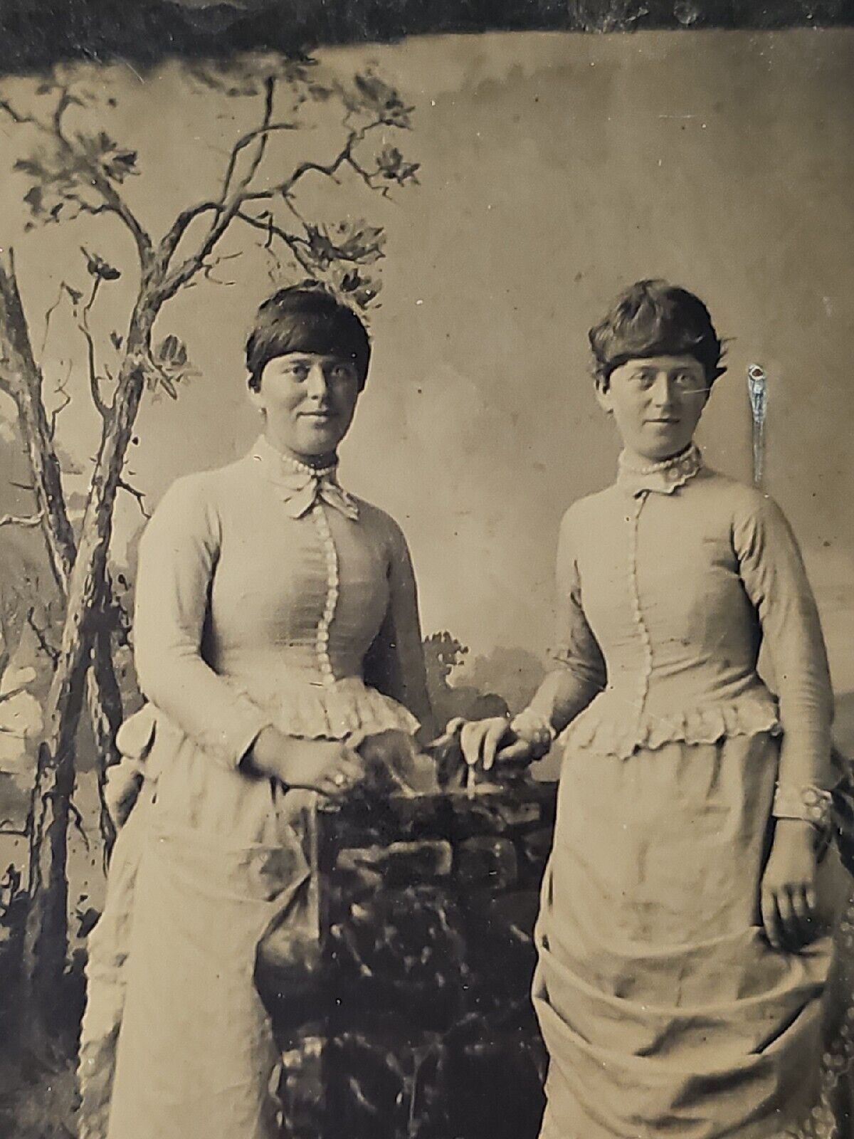 TinType two women dressed up garden setting Appear Related X29