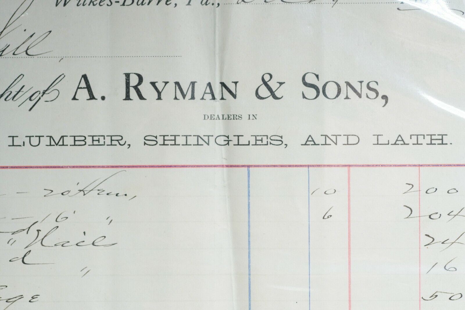 Wilkes-Barre PA 1896 Letterhead, A Ryman & Sons, Lumber, Shingles, Lath Ephemera