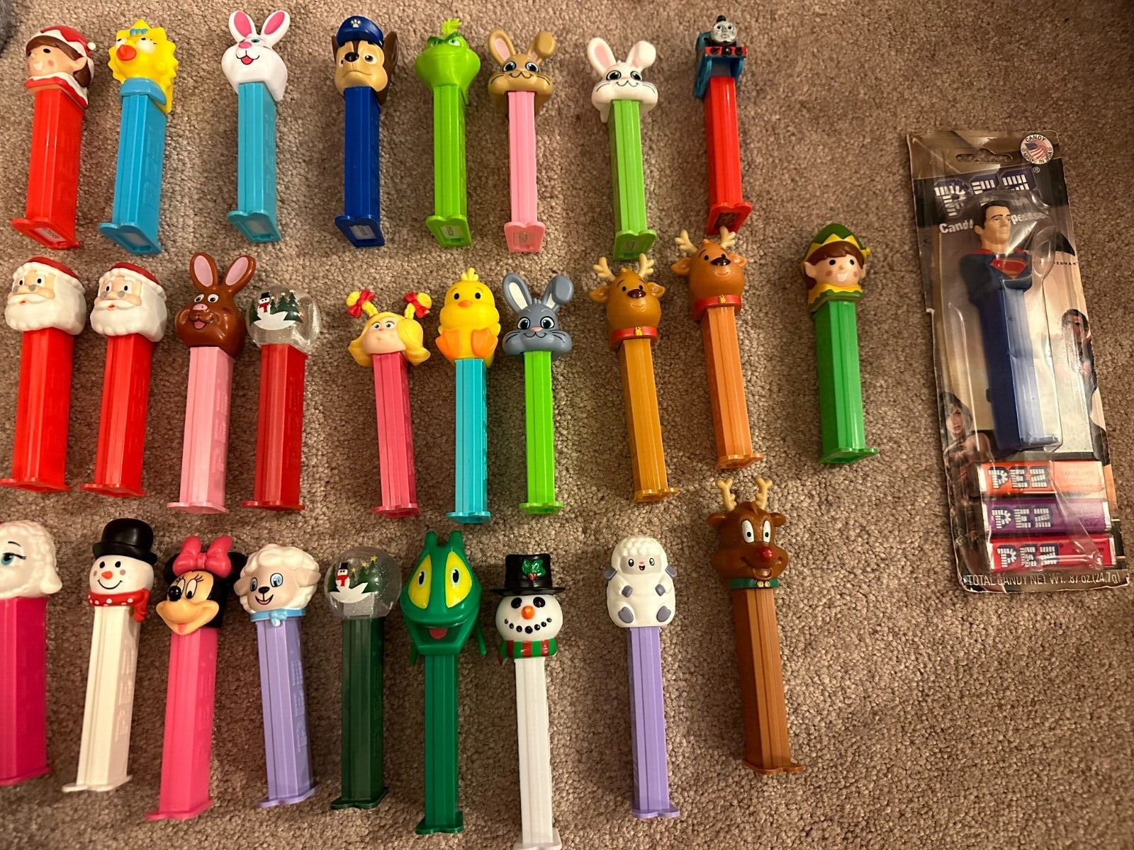 28 count Used PEZ Dispensers Santa Bunny Mickey Grinch, Holiday, Superman (New)