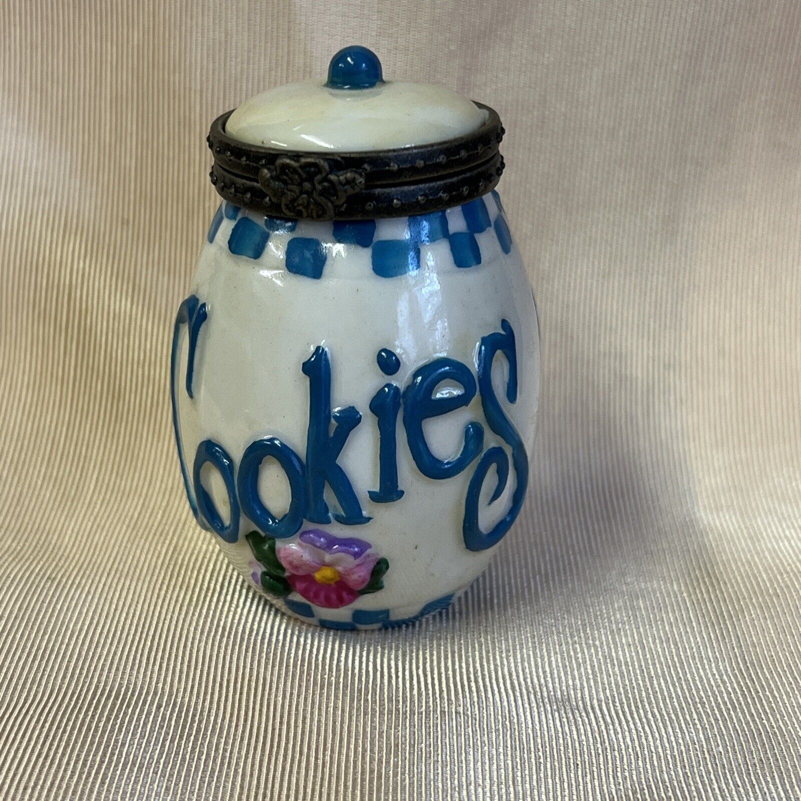 Vintage Cookie Jar Trinket Box Hinged Porcelain Lid Blue White Flower Cookies