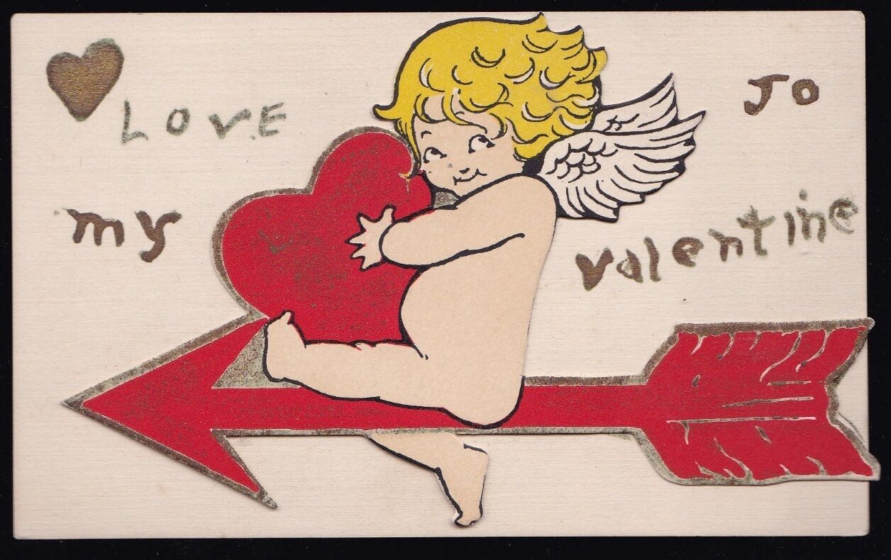 Victorian Cherub or Cupid on Red Arrow Holding Heart Valentine