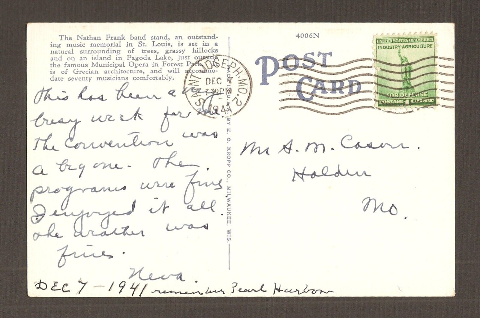 1941 Dec 7 Postcard w/ Saint Joseph MO Postmark Day of WWII Pearl Harbor Attack