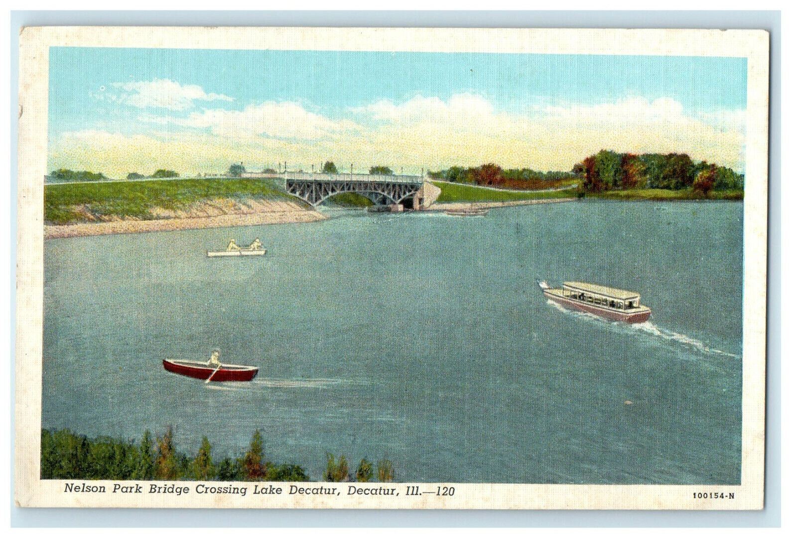 c1940s Nelson Park Bridge Crossing Lake Decatur, Decatur Illinois IL Postcard