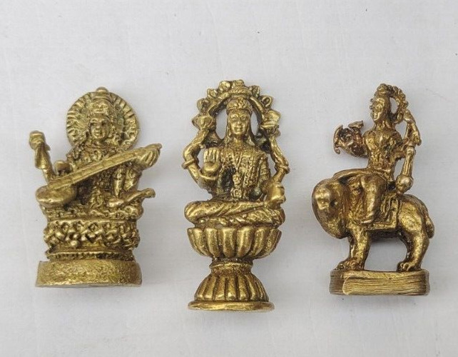 3 Mini Brass Statue Figurine Of Hindu Goddess Laxmi Durga Saraswoti Blessing