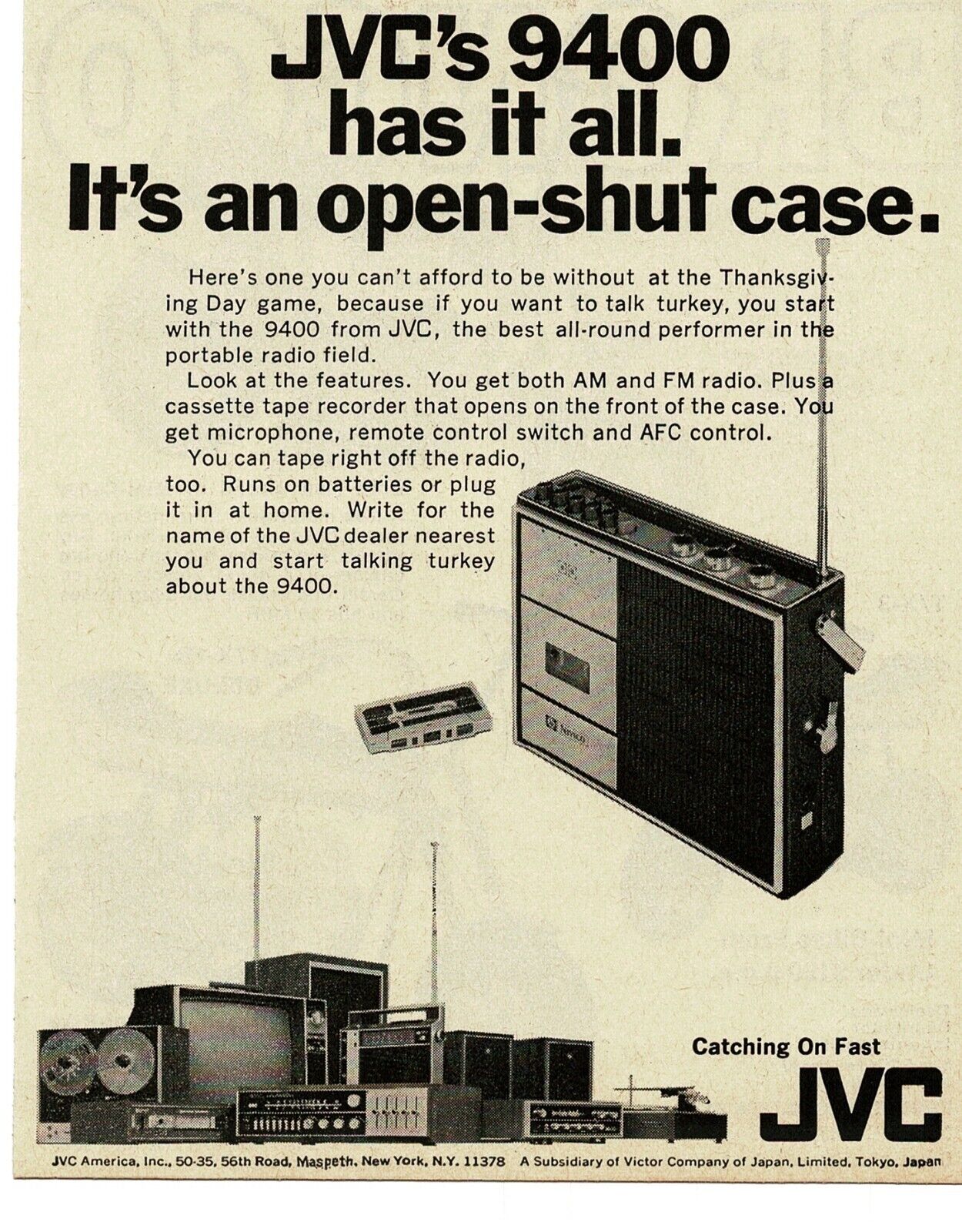 1969 JVC 9400 Portable Cassette Player Recorder AM FM Radio Vintage Print Ad