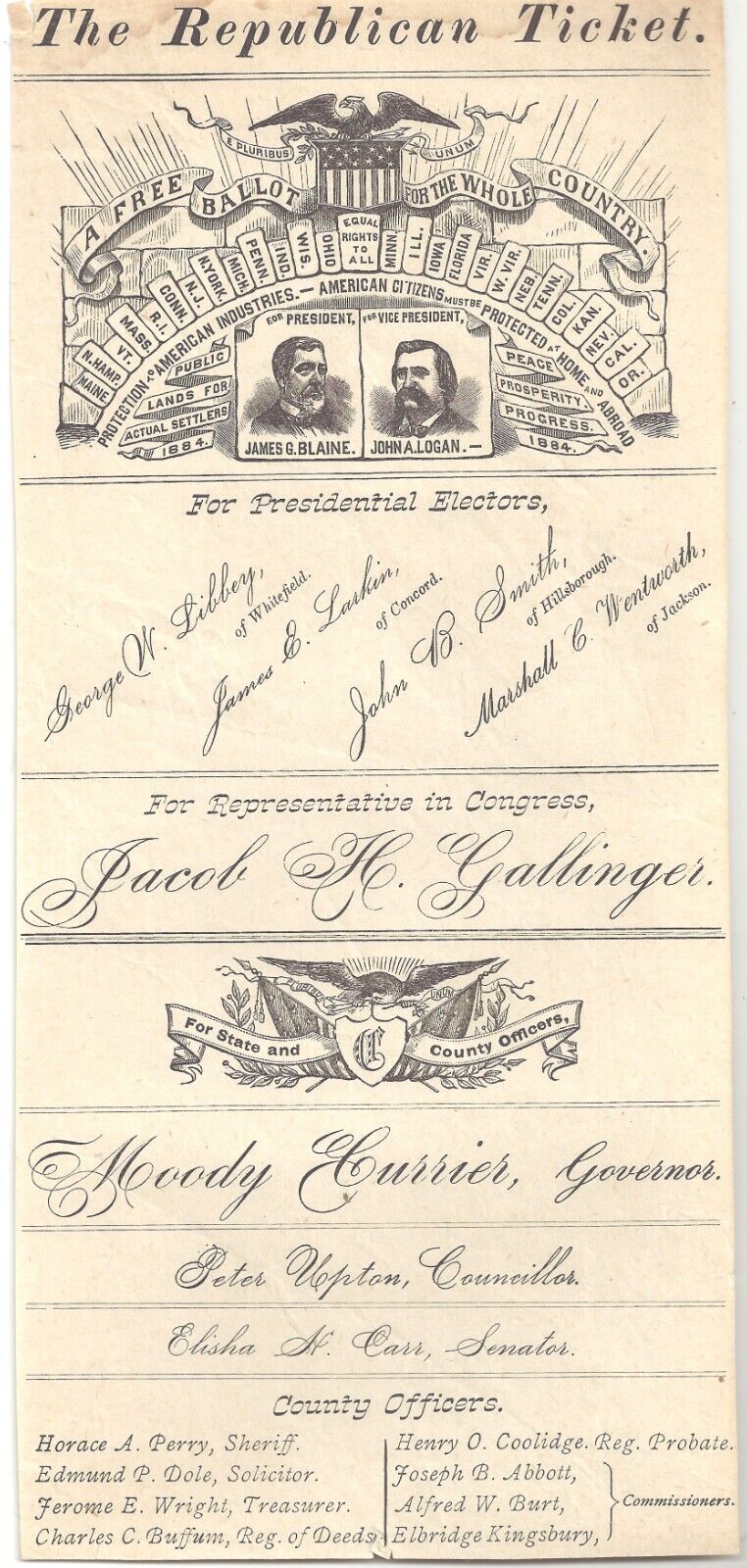 NH 1884 Large Broadside Type Republican Ticket BLAINE & LOGAN \