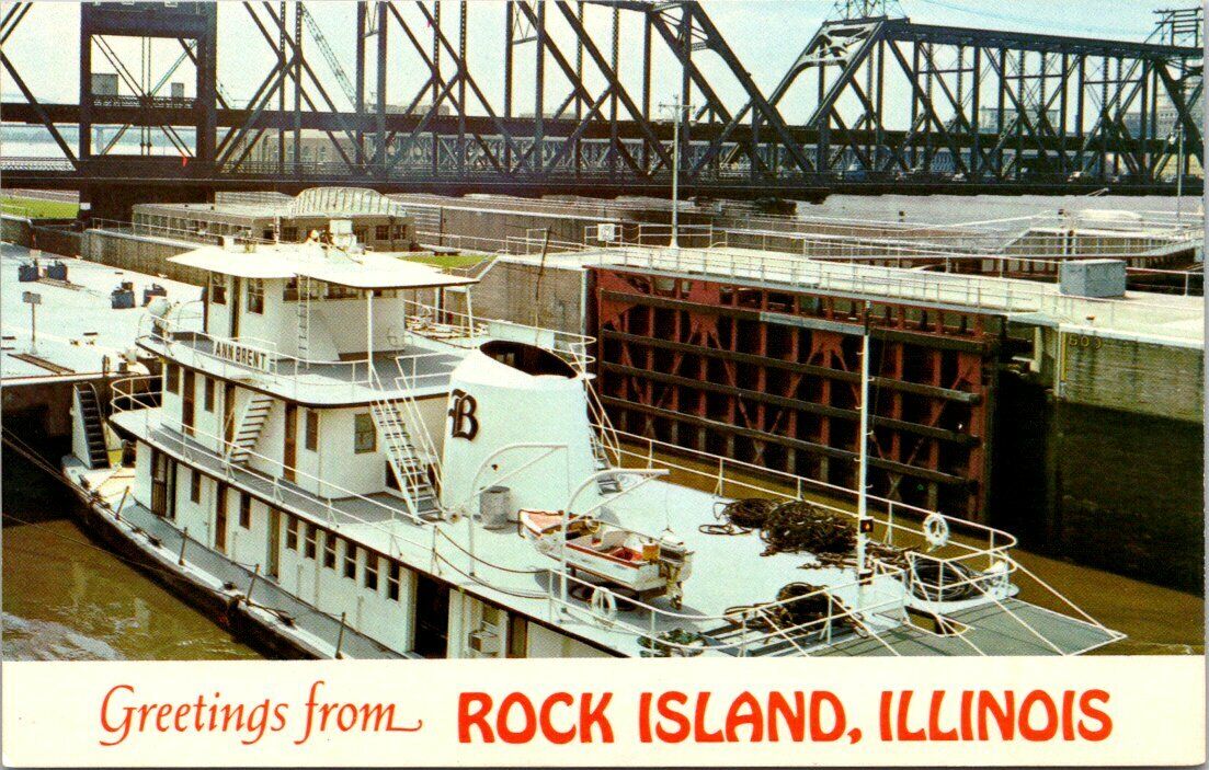 Tugboat Ann Brent Leaving Locks Rock Island Illinois Vintage Postcard