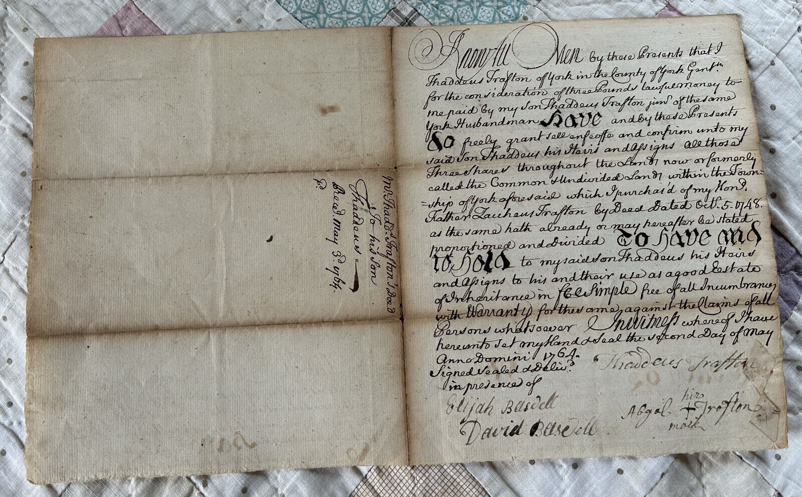 1764  COLONIAL DEED  YORK, MAINE * 4-GENERATION OWNERSHIP BY TRAFTON  FAMILY