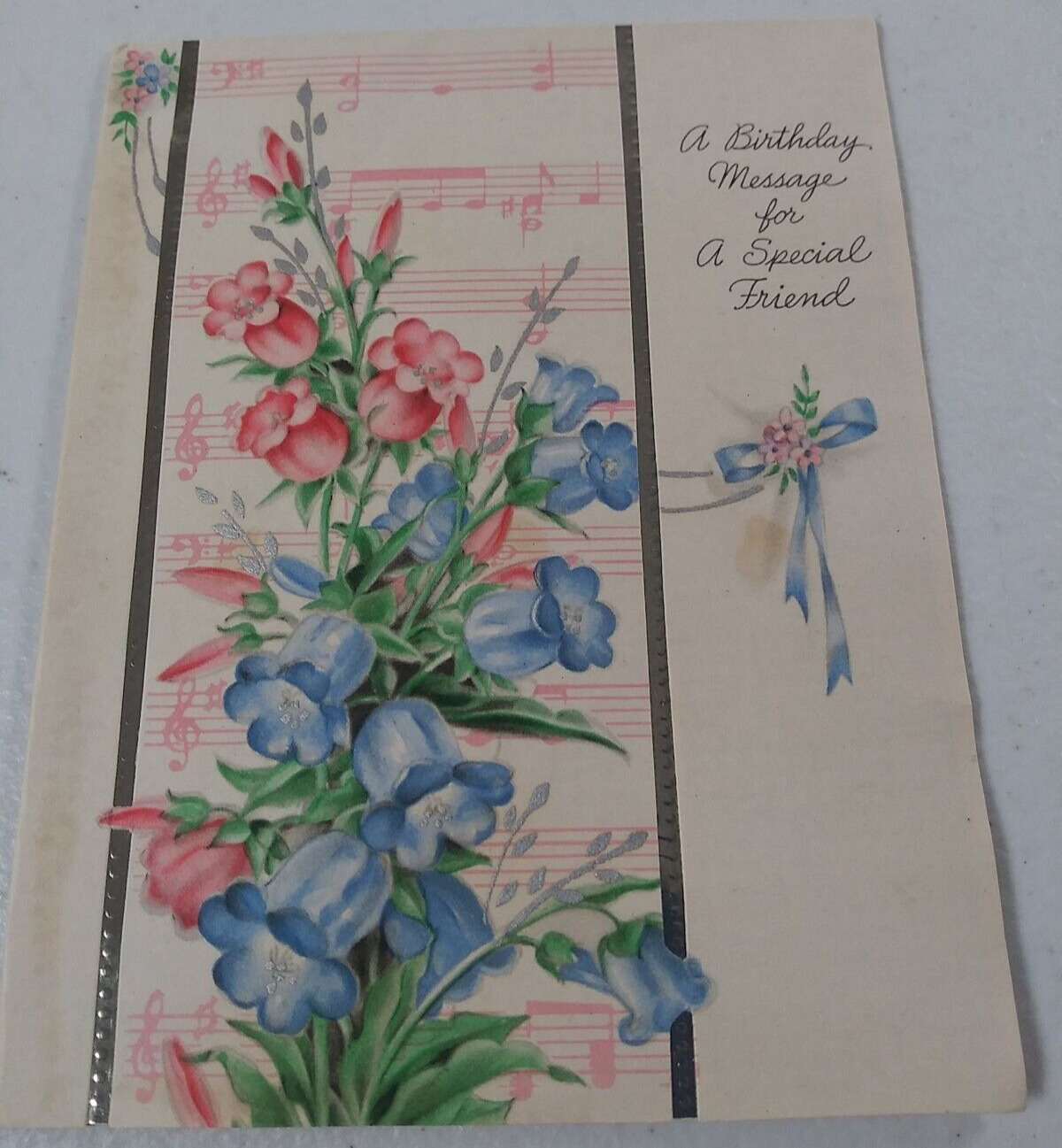Hallmark Birthday Message Friend Greeting Card 4x5 Flowers Song Notes Ribbon