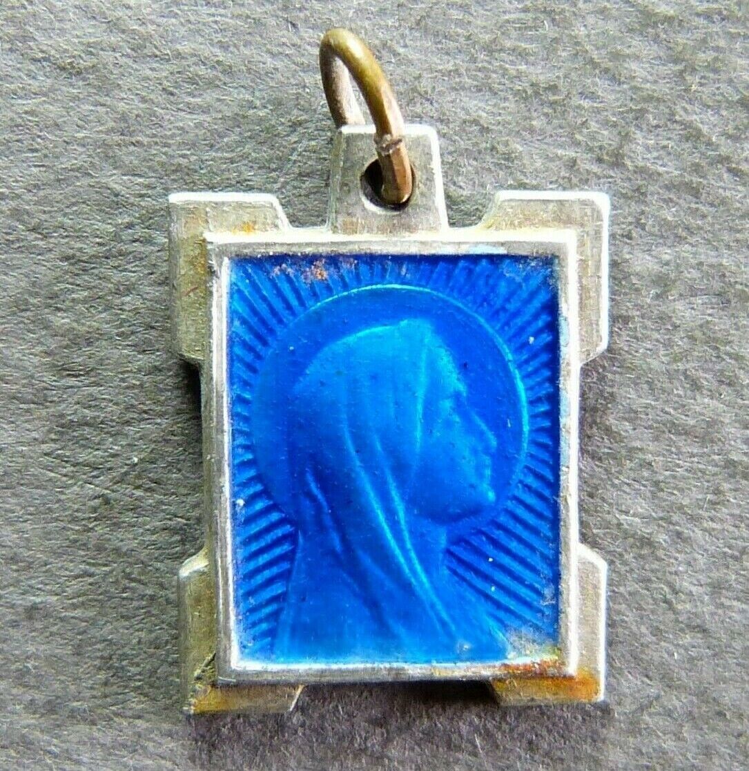 French Antique Religious Blue Enameled Pendant Virgin Mary Medal