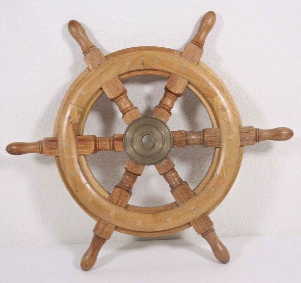 Turned Vtg Wood 18” Nautical Beach Yacht Club Ship Boat Sailor Wheel Brass 