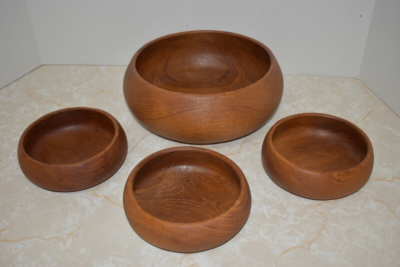 GOODWOOD Genuine Teak Wood 4 Pc. Salad Set 1 Large Bowl 3 Small Bowls Vintage
