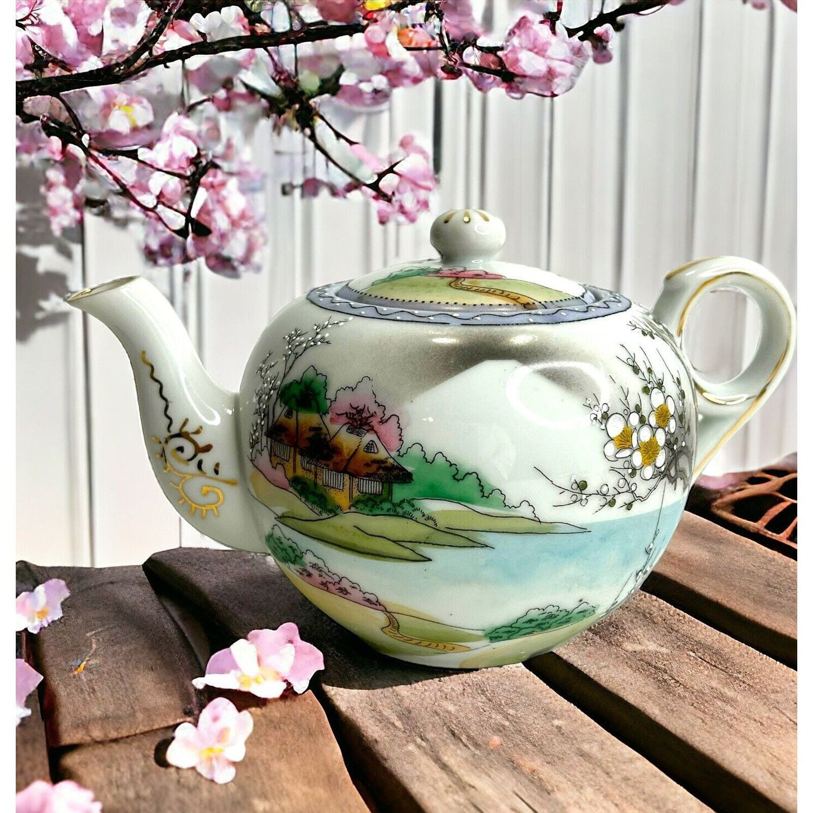 Nippon Hand Painted Cherry Blossom Moriage 2 Pc Tea Pot With Lid