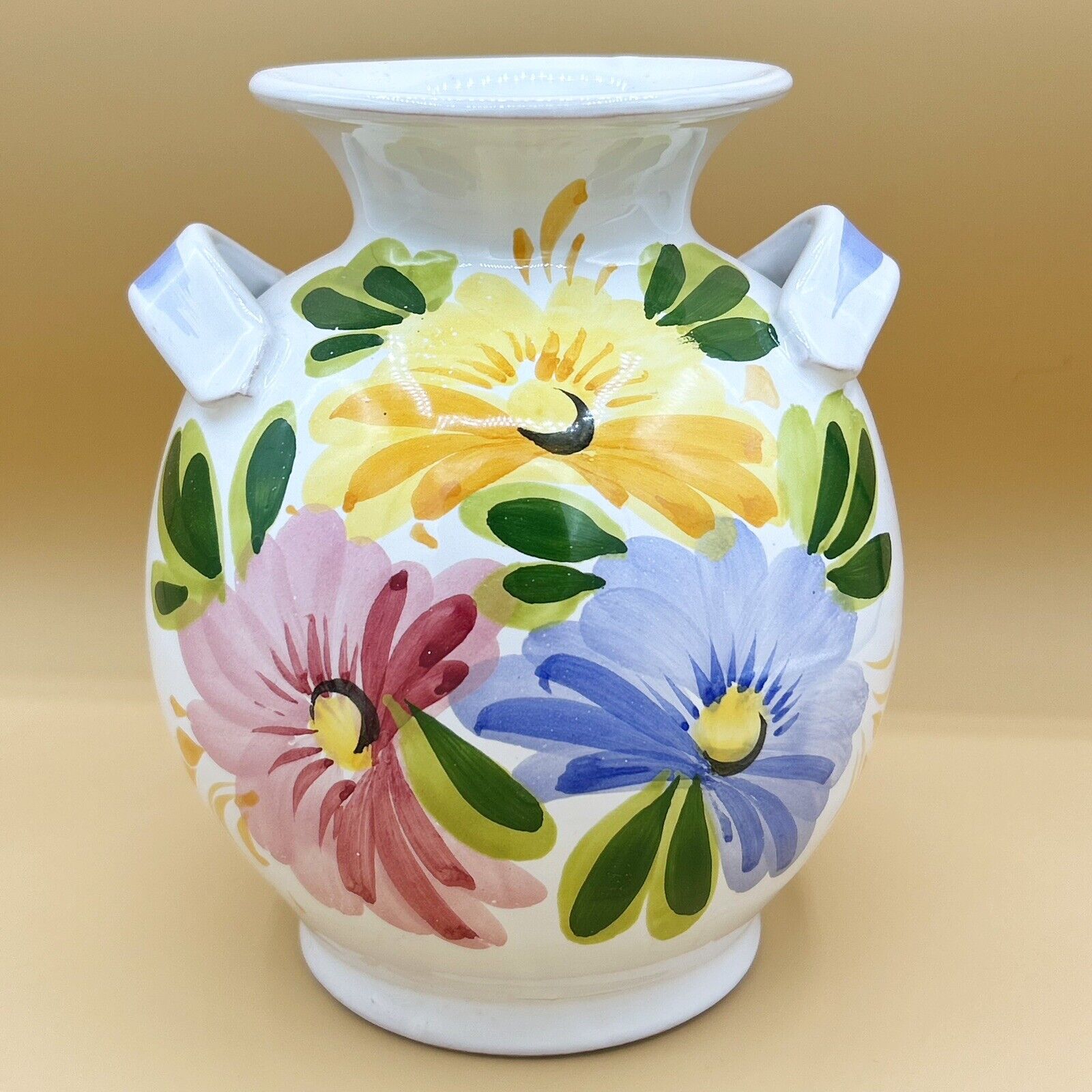 Italian Pottery Hand Painted Spring Flowers Vase Vessel Double Handles