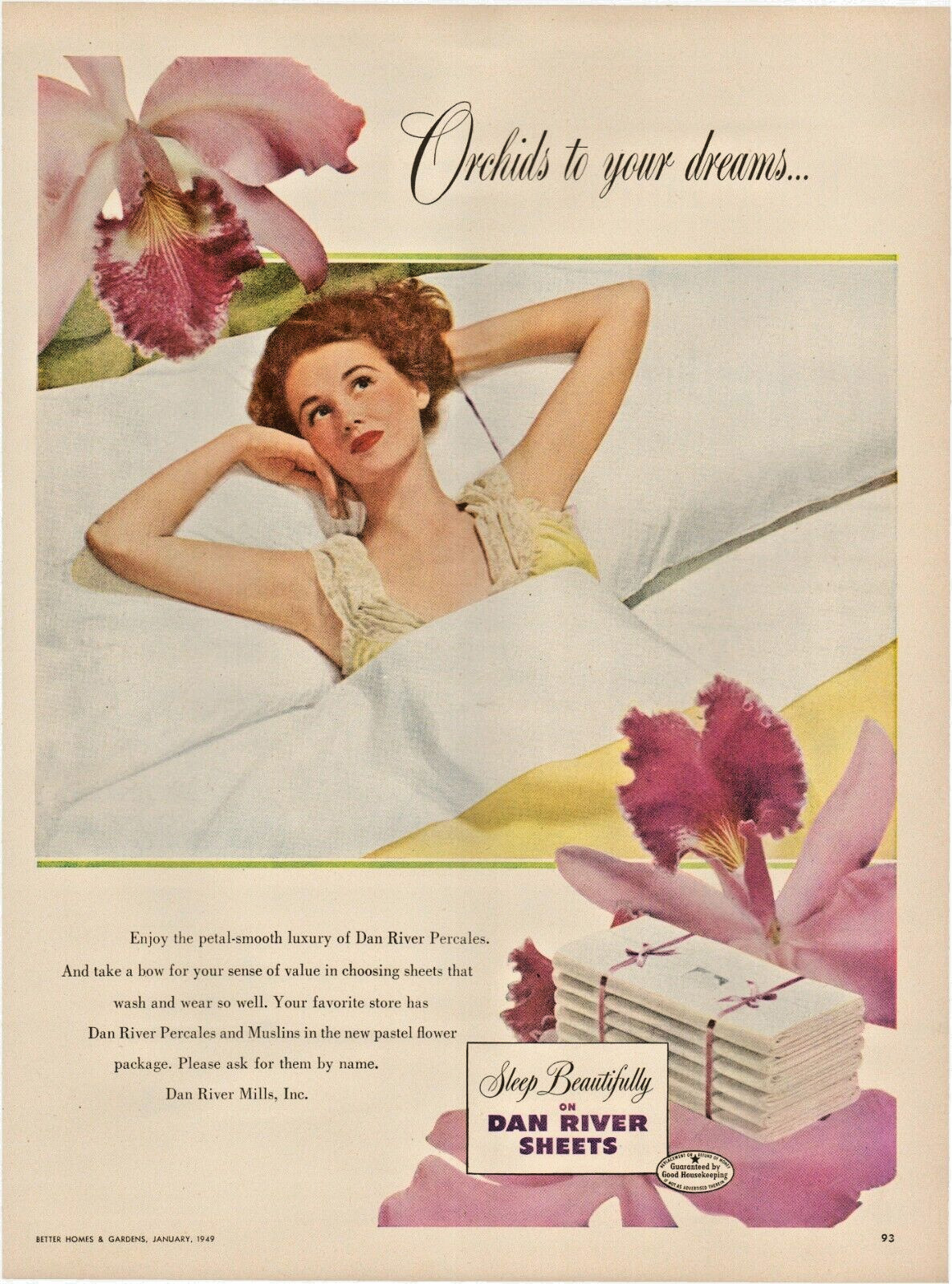 1949 Dan River Sheets Orchids Sleep Beautifully Woman Vintage Print Ad