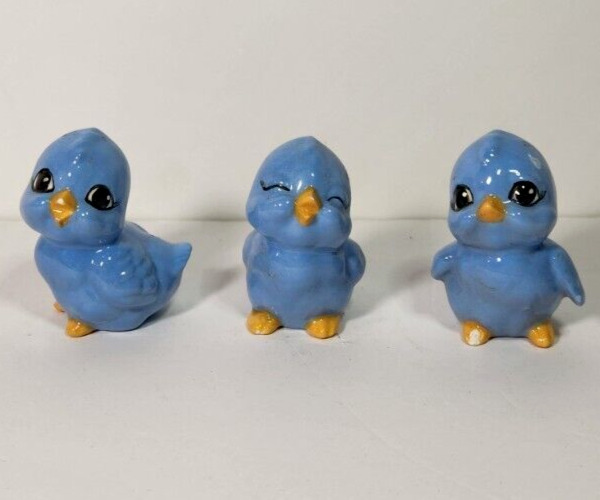 Lot Of 3 Blue Baby Birds Anthropomorphic Ceramic Easter Figurines Vintage