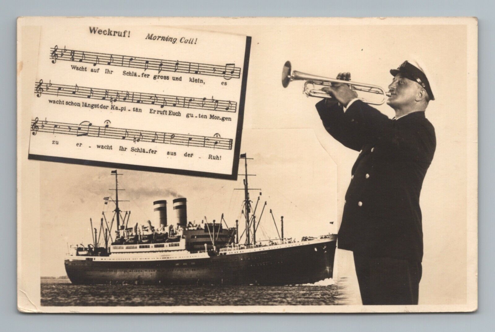 Cruise Ship Morning Call Trumpet Player Weckruf Song RPPC Photo Postcard
