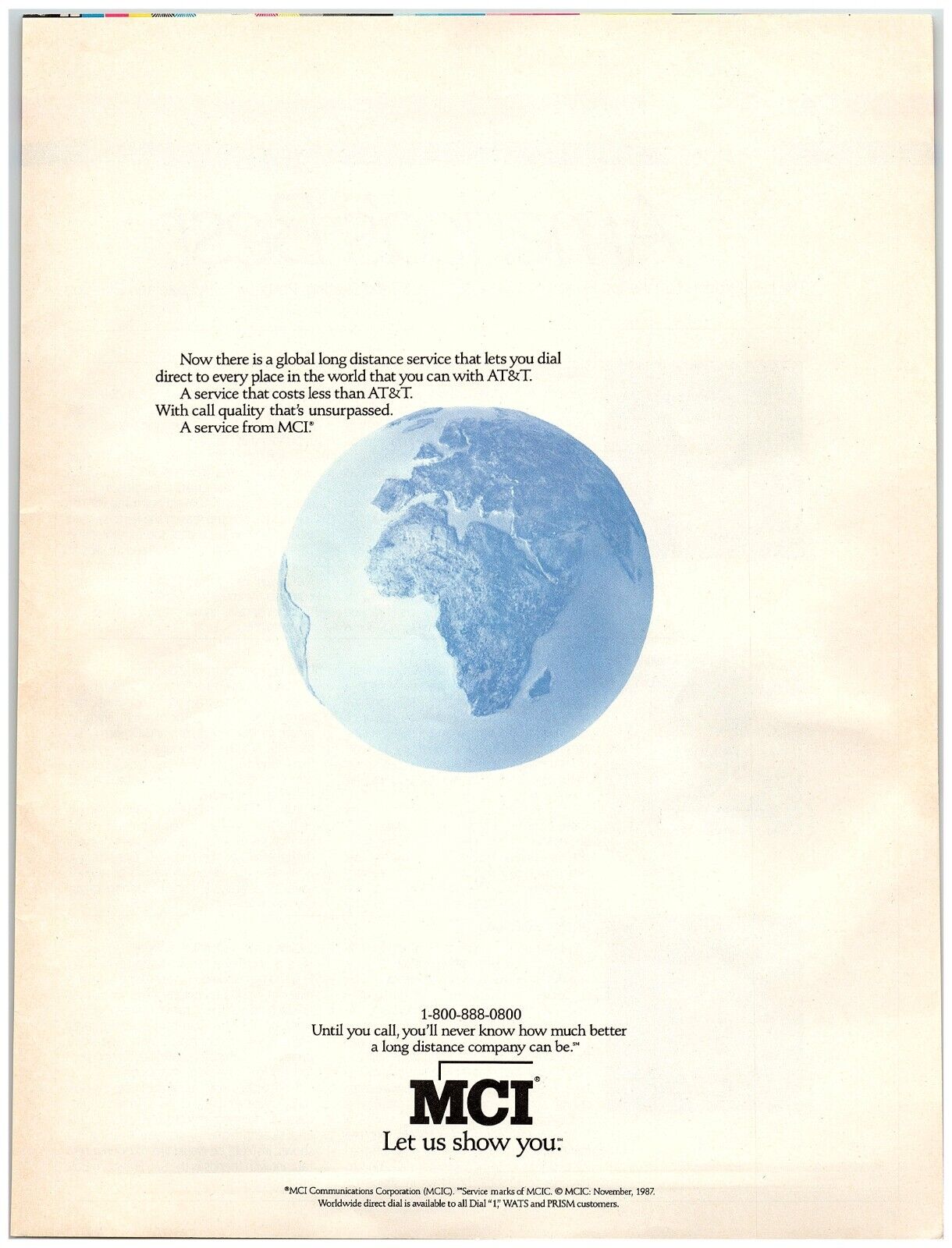 1988 MCI Communications Print Ad, Blue World Globe Long Distance Service AT&T