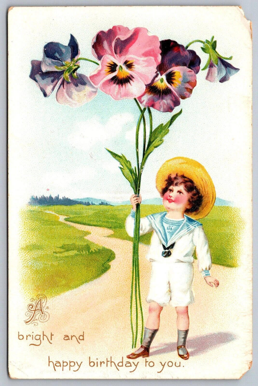 Tuck Birthday Postcard Boy with Exagerated Large Flowers Fantasy Embossed J7
