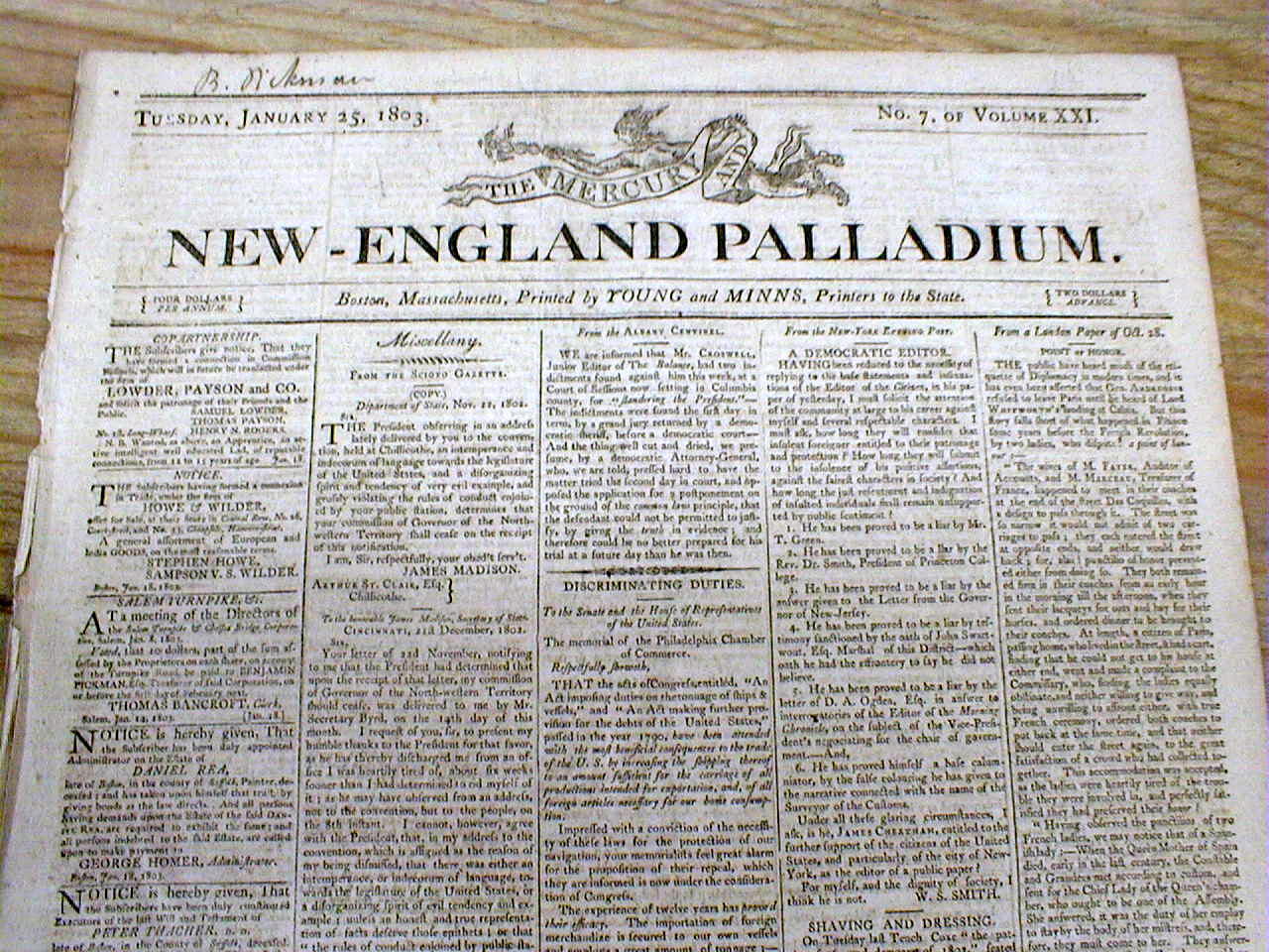 Original 1803 BOSTON newspaper printed during PRESIDENT THOMAS JEFFERSON adminis