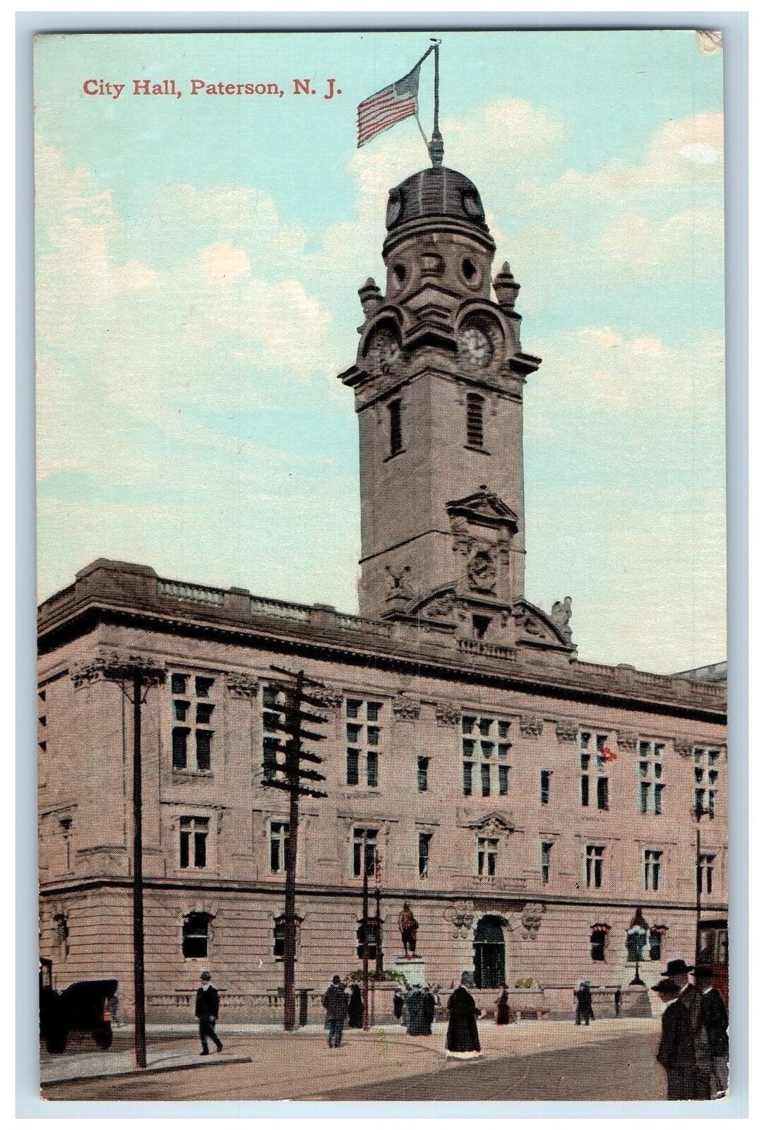c1950\'s City Hall Building Entrance Clock Tower Paterson New Jersey NJ Postcard