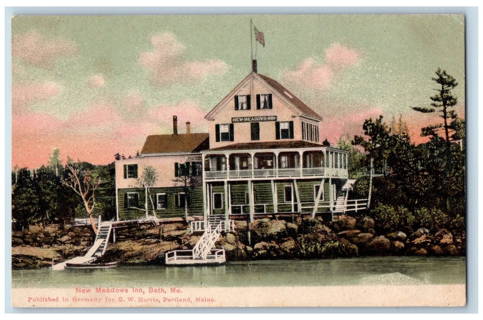 c1905\'s New Meadows Inn & Restaurant Side Dock River Side Bath Maine ME Postcard