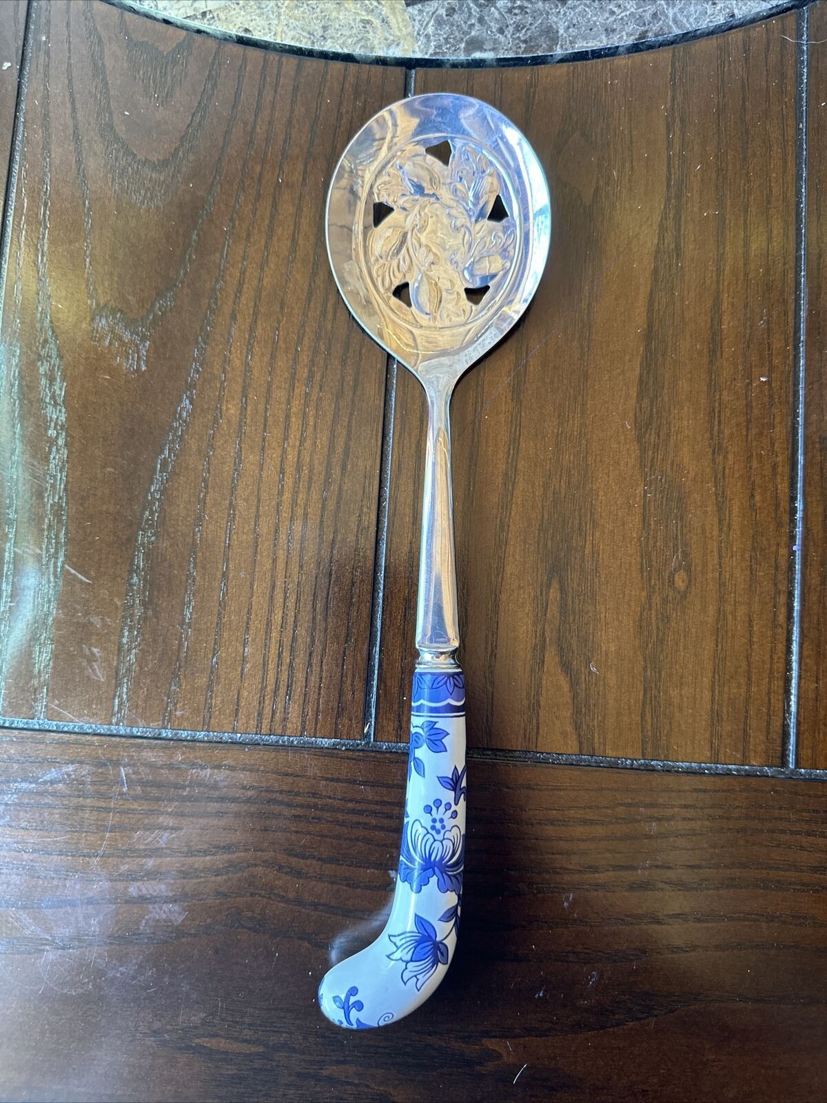 Vtg Prill Sheffield England Floraine Blue Slotted Spoon