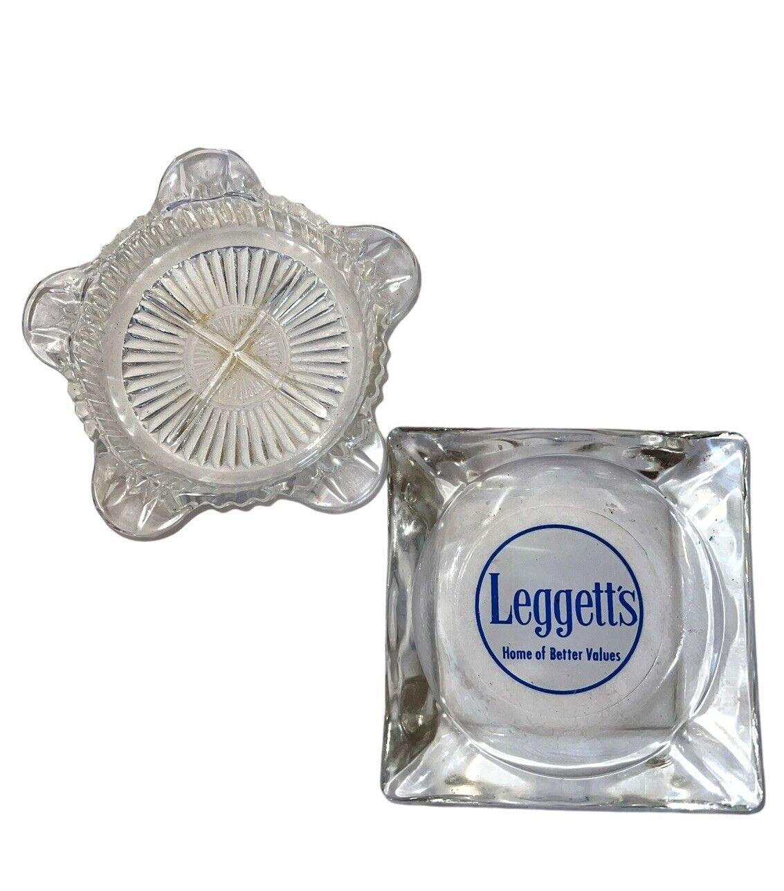 2 Vintage Ashtrays -  Leggett’s Home Of Better Values - Glass Ashtrays