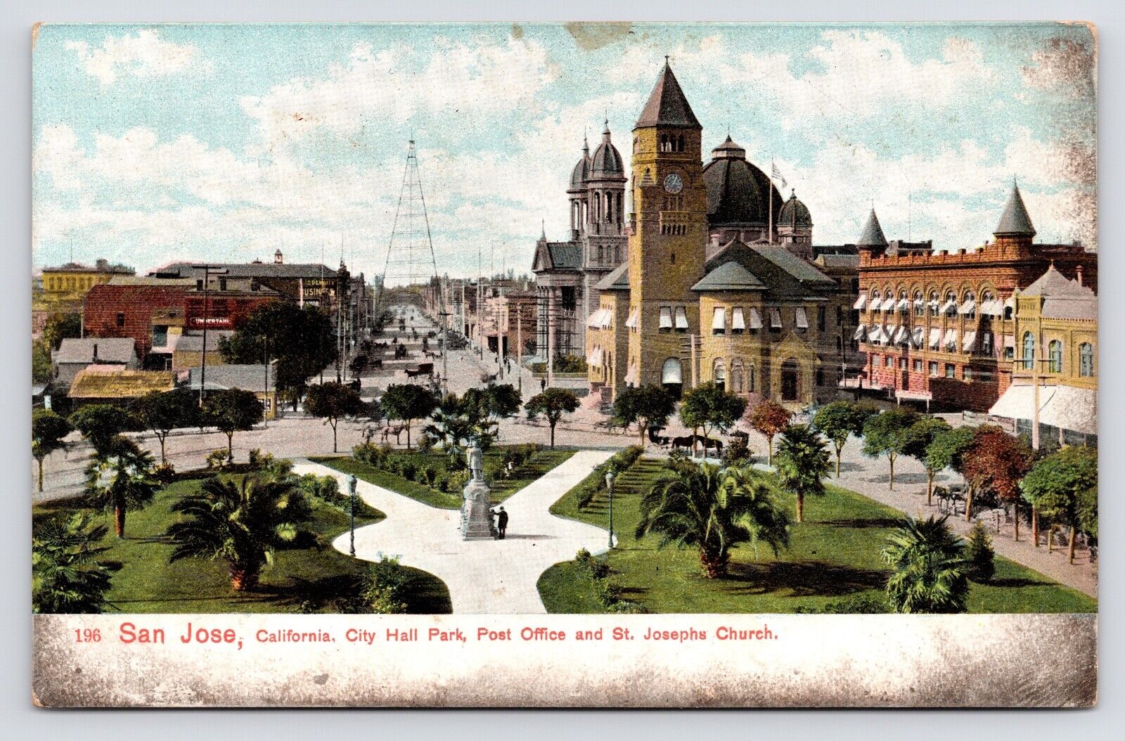 c1900s~San Jose CA~Market St. & Post Office from City Hall Park~Antique Postcard