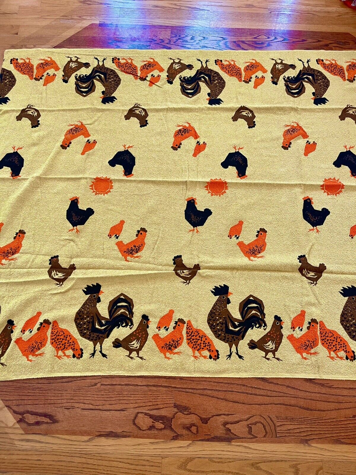 Vintage Mid Century Terry Cloth Chicken Tablecloth-gold-brown-orange-64” X 51”