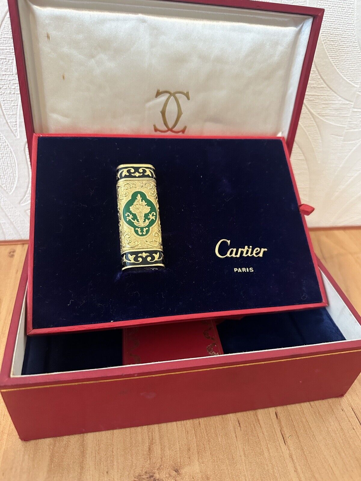 Vintage Cartier Royking 18k Gold plated lacquer green & black Gas lighter