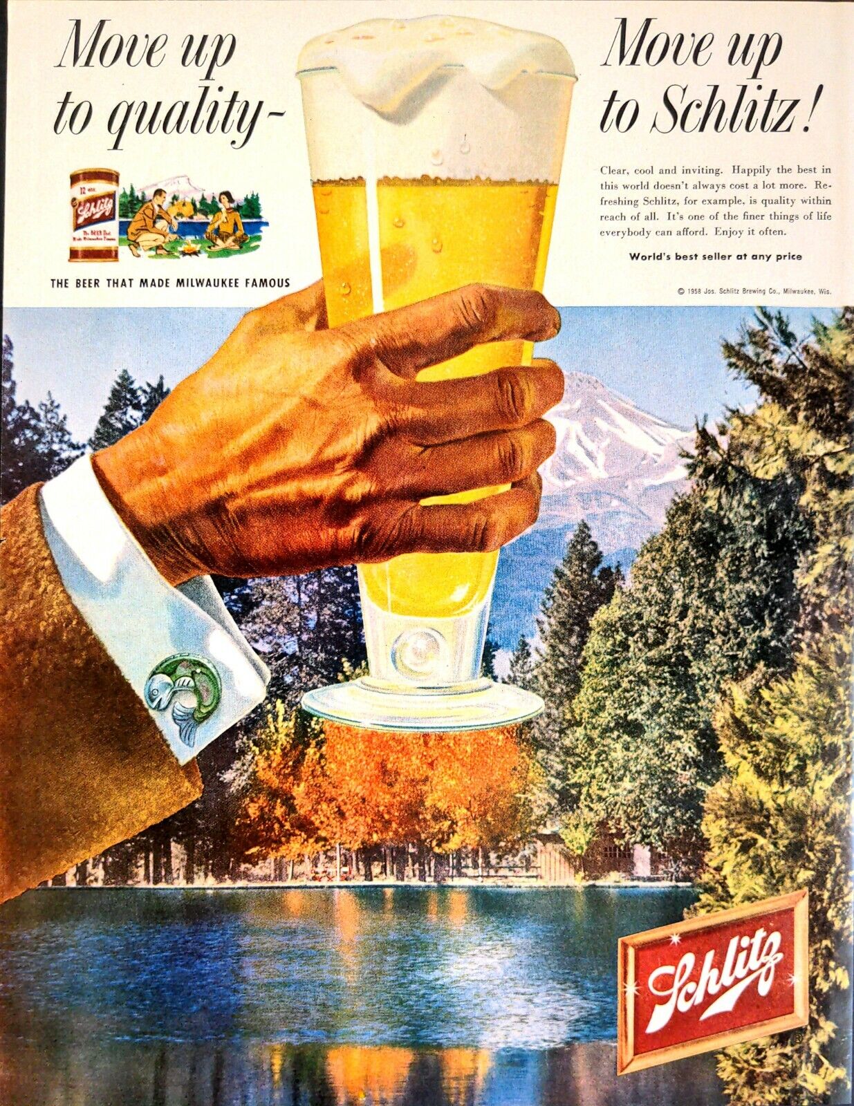 1958 Schlitz Brewing Beer Mountain Lake Sow Capped Mountains Cuff Links Print Ad