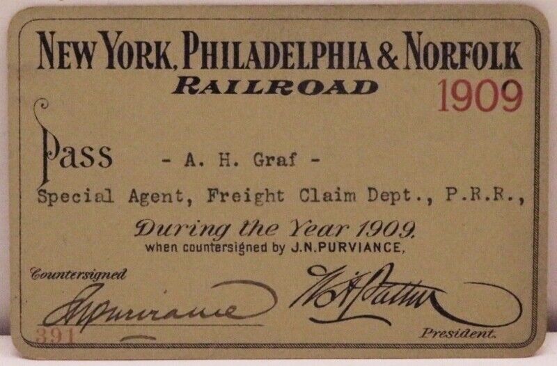VINTAGE 1909 NEW YORK PHILADEPHIA & NORFOLK RR PASS 115 YEAR OLD SURVIVOR MINTY