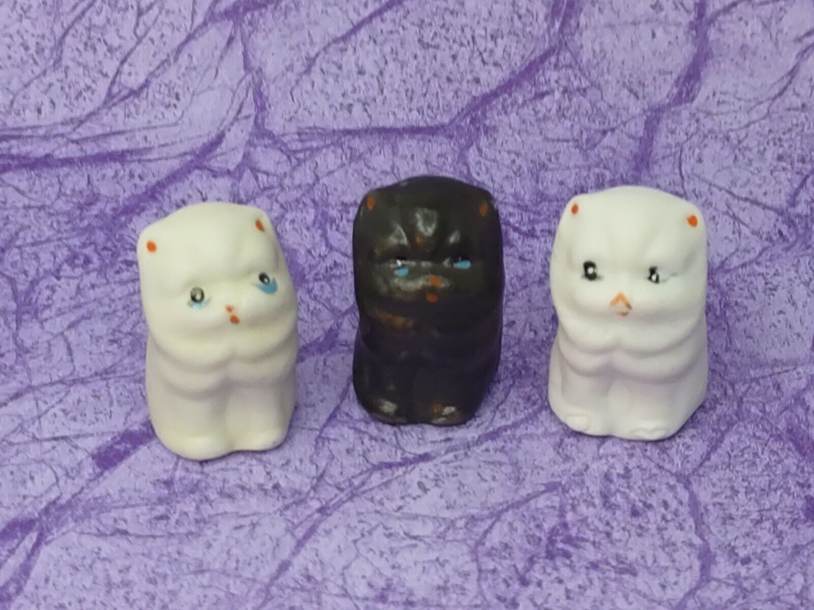 Vintage Persian Cat Thimbles Set of 3 Black Cream & White Bisque Porcelain