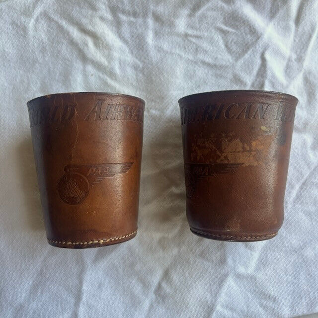 PAIR of PAN AMERICAN INFLIGHT GAME CABIN LEATHER DICE CUPS, circa 1940s RARE