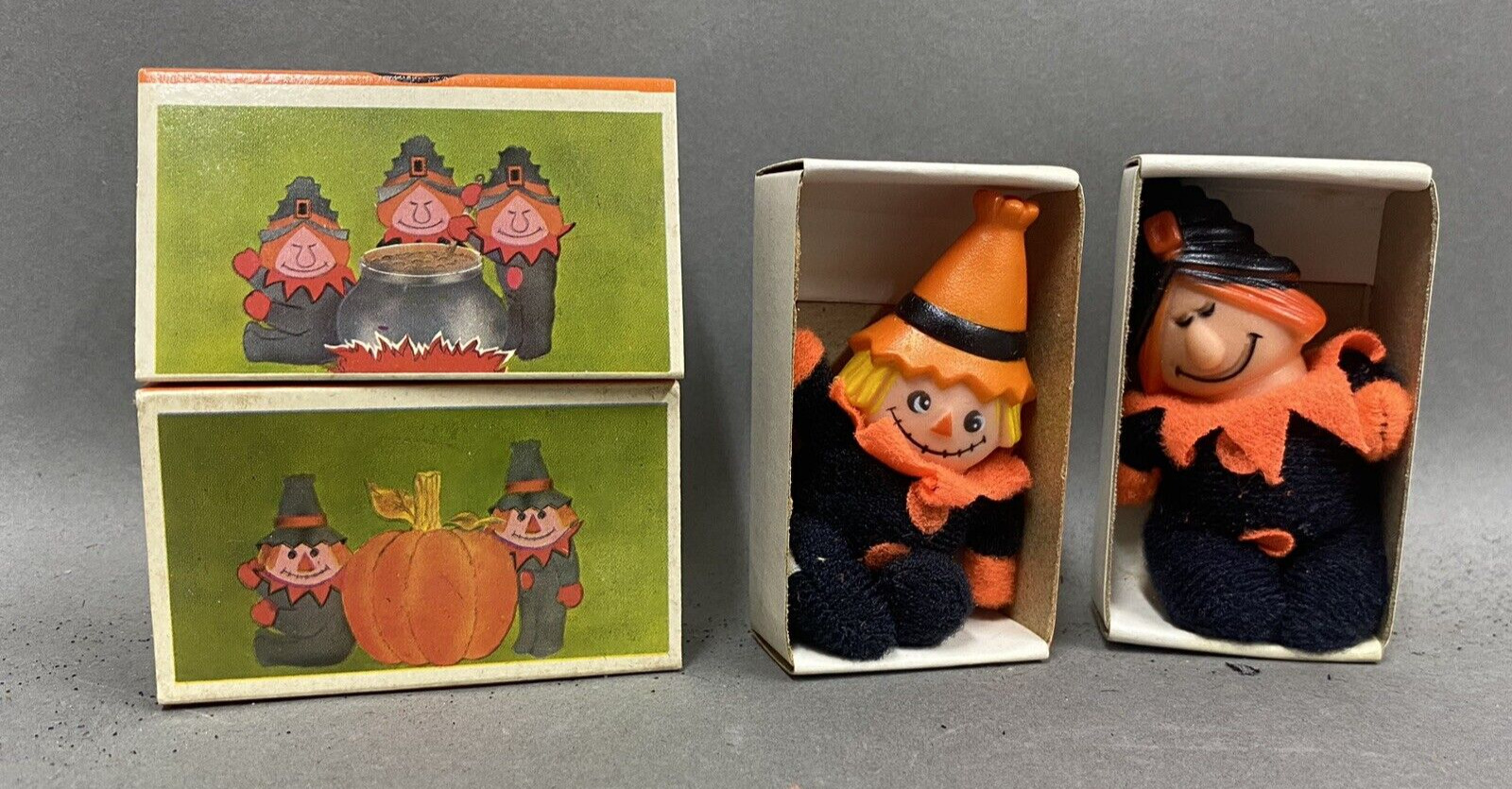 Pair of 1970\'s Vintage HALLOWEEN Fun World  MATCHPACK MASCOTS  Scare Crow Witch