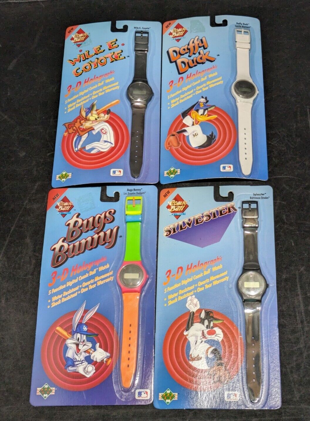 Vintage 1990 Lot Of 4 Looney Tunes Comic Ball Upper Deck Holographic Watches NIP