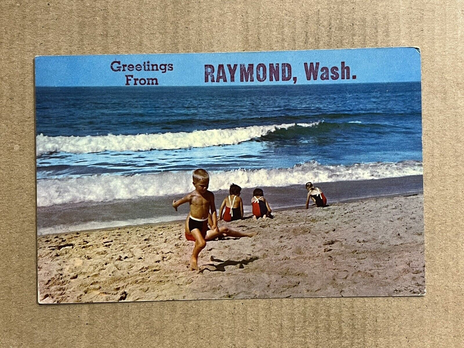 Postcard Raymond Washington Beach Greetings Children Playing Vintage WA PC