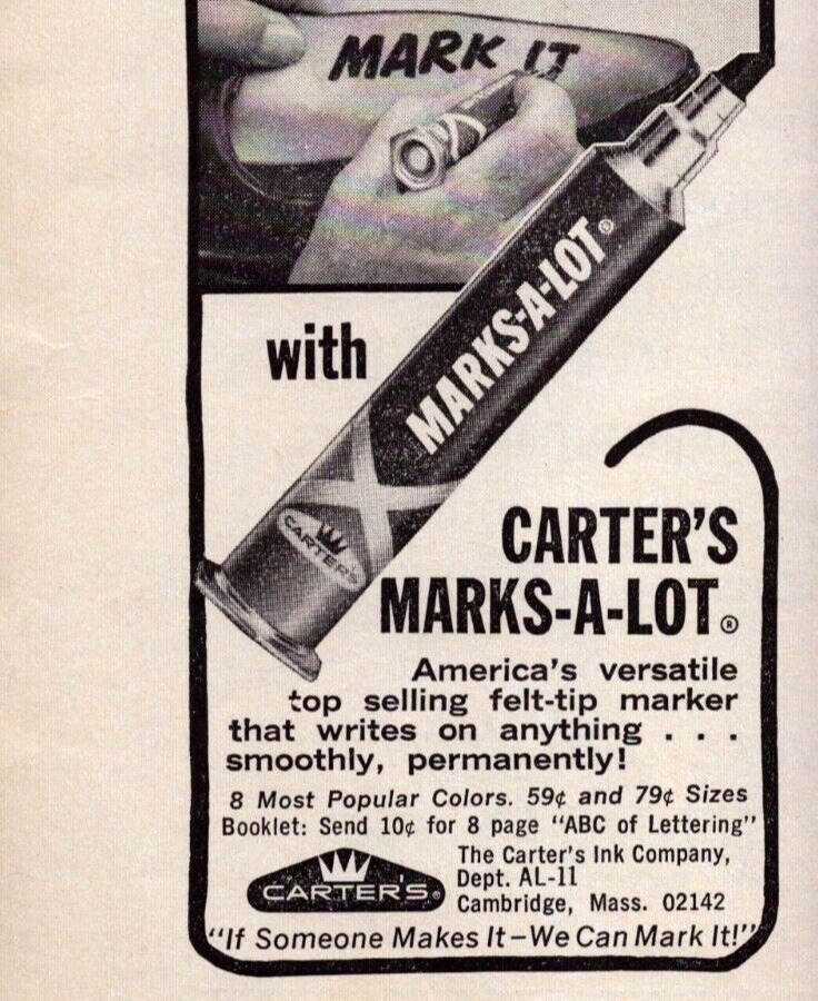 Carter\'s Marks-A-Lot Felt Tip Marker Black & White 1965 Vintage Print Ad-C-2.1