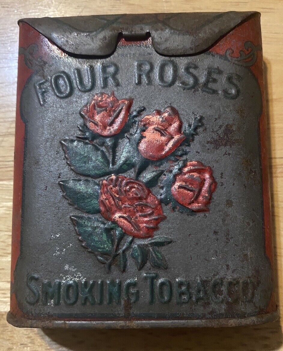 1920s ANTIQUE FOUR ROSES SMOKING TOBACCO EMBOSSED POCKET TIN