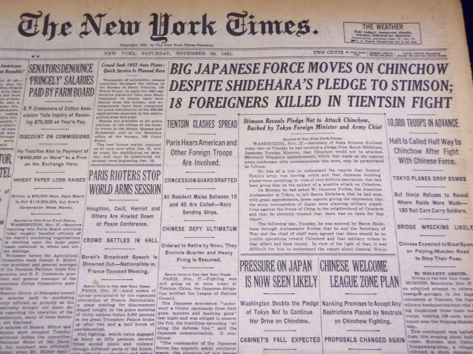 1931 NOV 28 NEW YORK TIMES - JAPANESE FORCE MOVES ON CHINCHOW - NT 2158