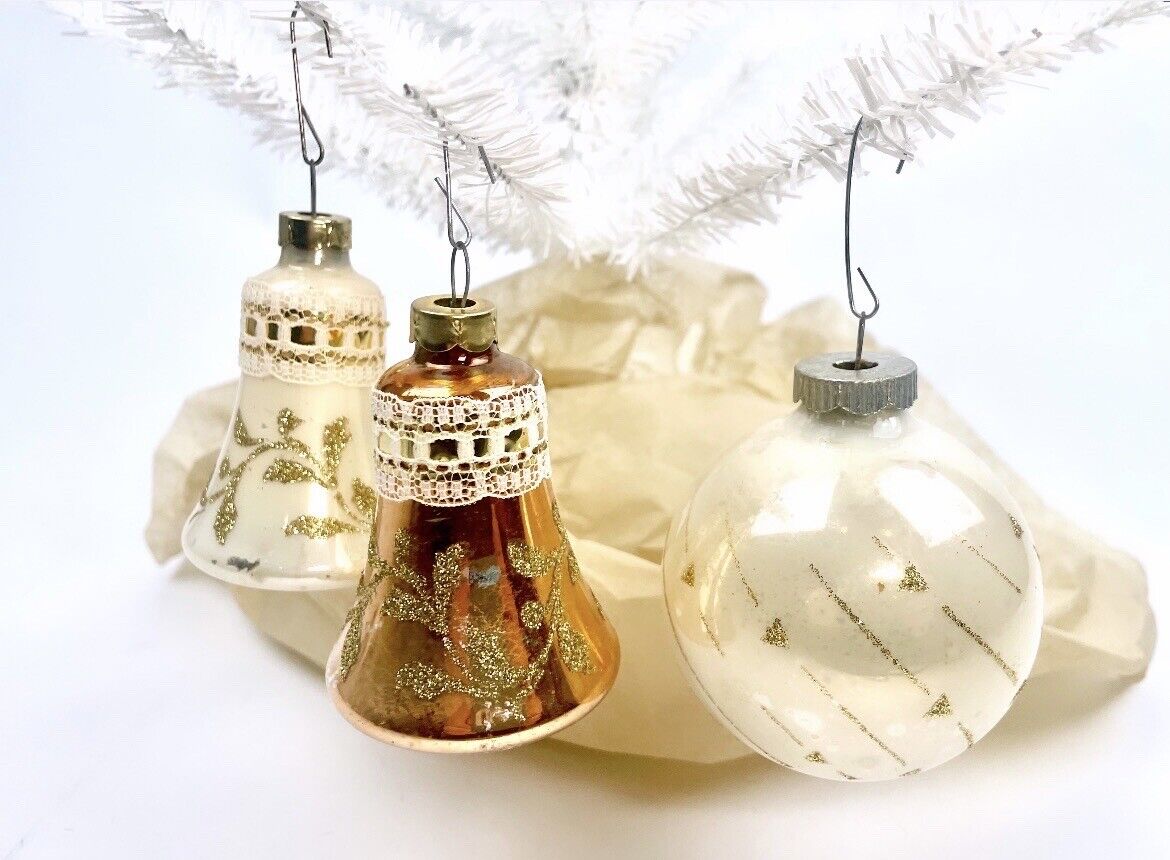 3pc Set Vintage Glass Ornaments | Cream & Gold | 1 Shiny Brite, 2 Krebs Bells