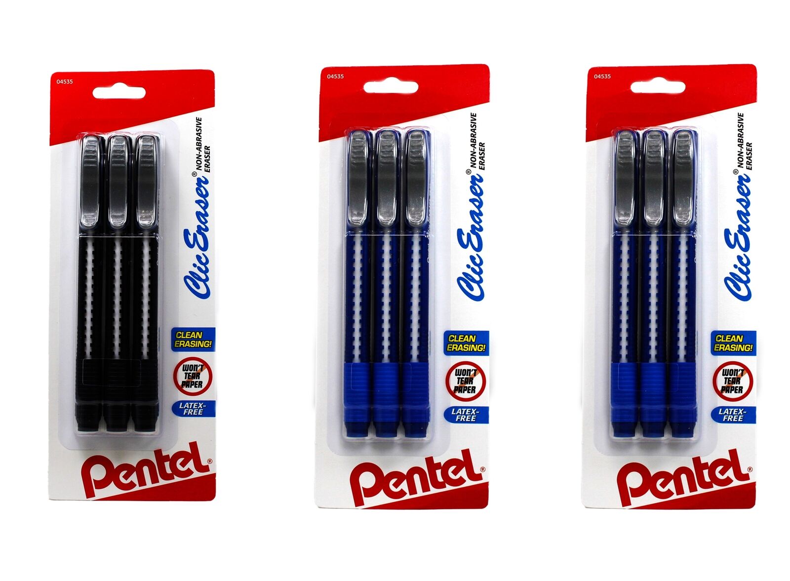 Pentel Clic Erasers, 5 inches, pack 3 blister Assorted Barrel Colors 3 pck