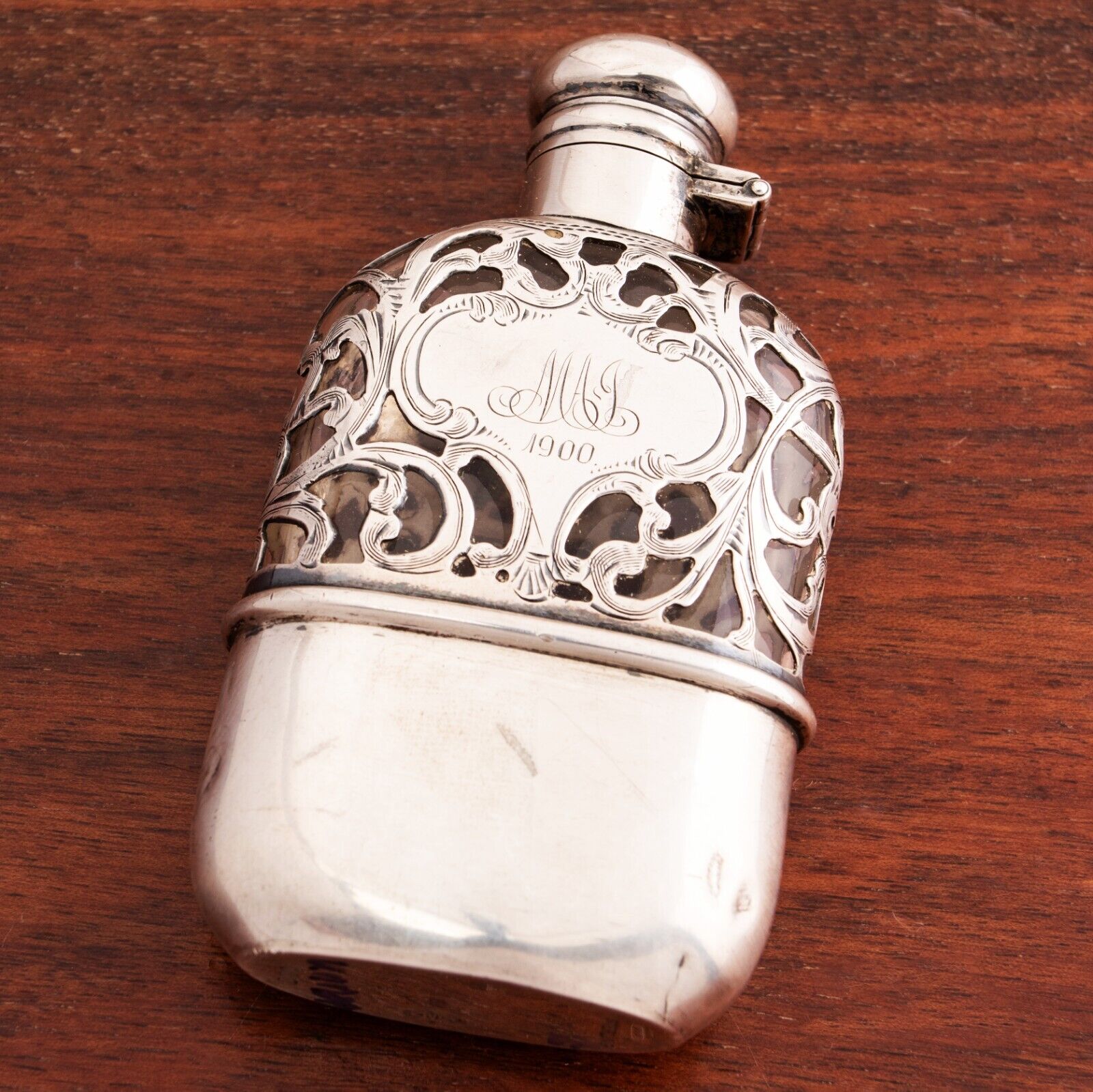 ALVIN AMERICAN STERLING SILVER OVERLAY & GLASS FLASK W/ REMOVABLE CUP LATE 1800S