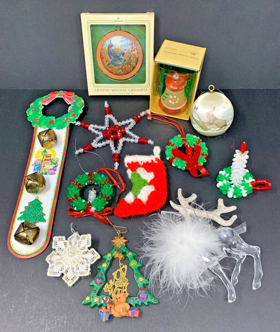LOT of 12 Vintage 80s Christmas Ornaments Handmade Beaded Crochet Hallmark more