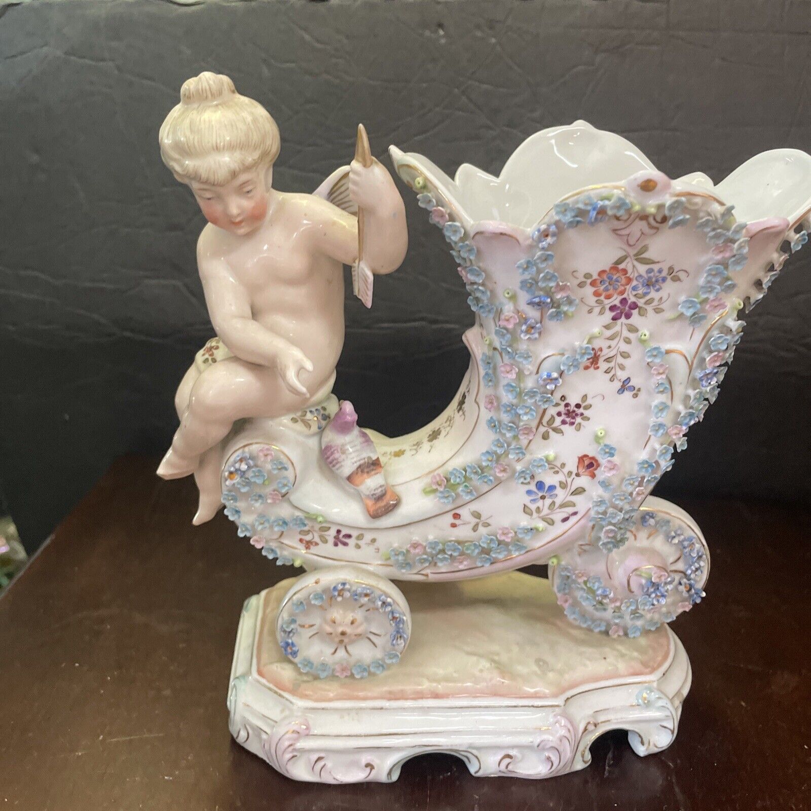 antique 19 th C German porcelain elfinware mossware cherub angel fairy figure