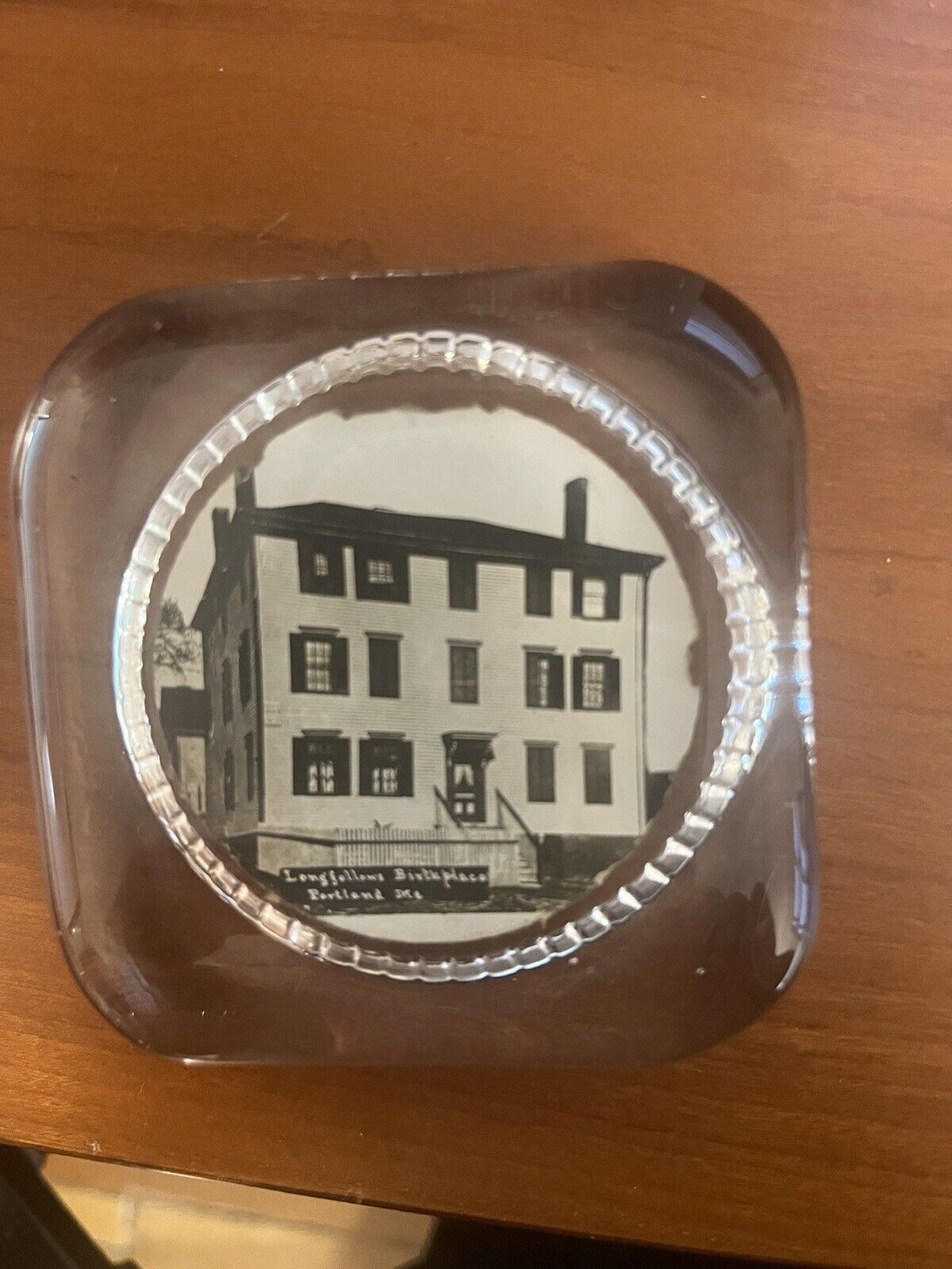 Glass Paperweight Souvenir Photo Of Longfellow Birthplace Maine Vintage 1930s