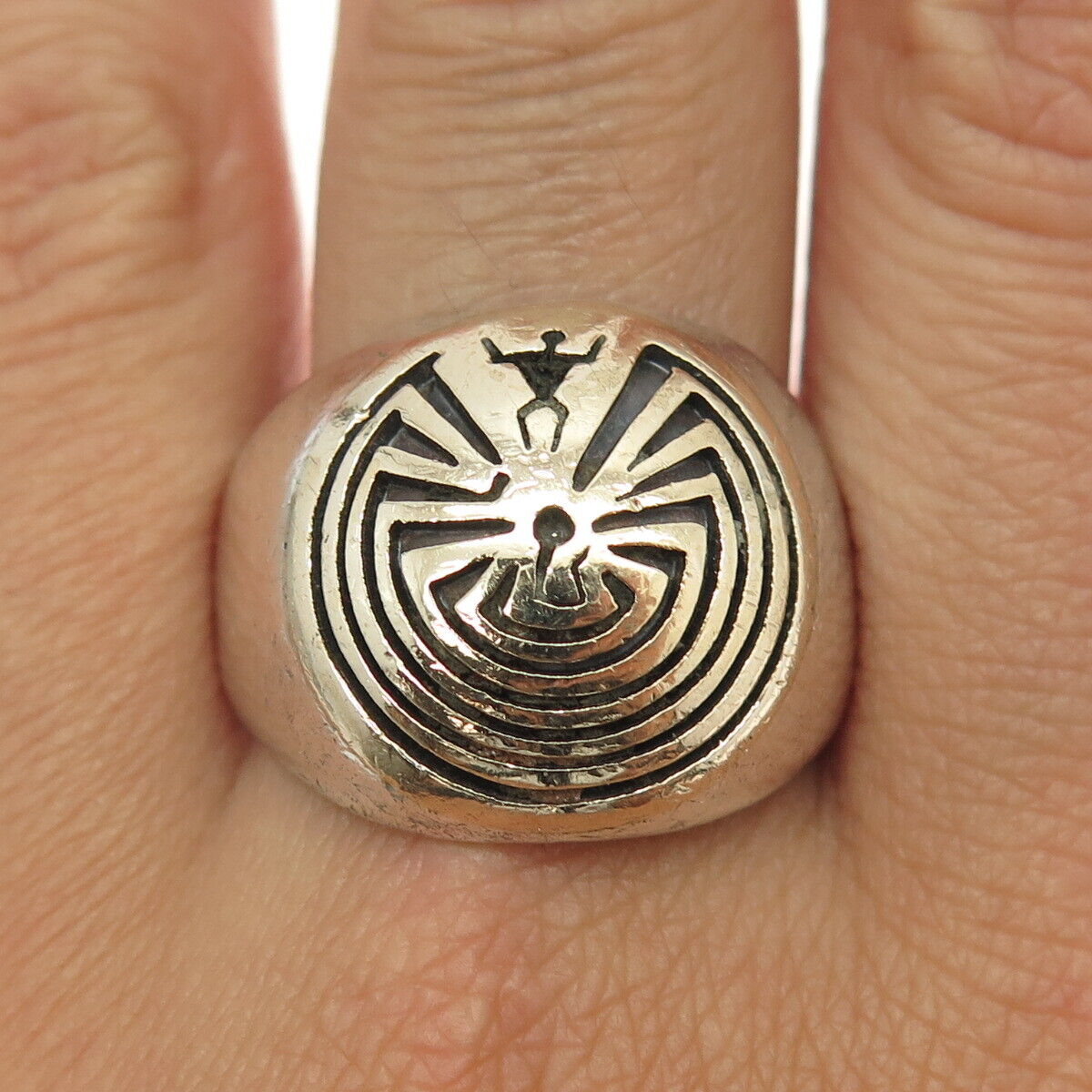 CALVIN PETERSON NAVAJO Old Pawn 14K Gold & Sterling Man In The Maze Ring Size 12