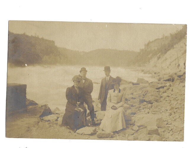c.1900s Four Friends Sitting In Front Of Lake RPPC Real Photo Postcard UNPOSTED